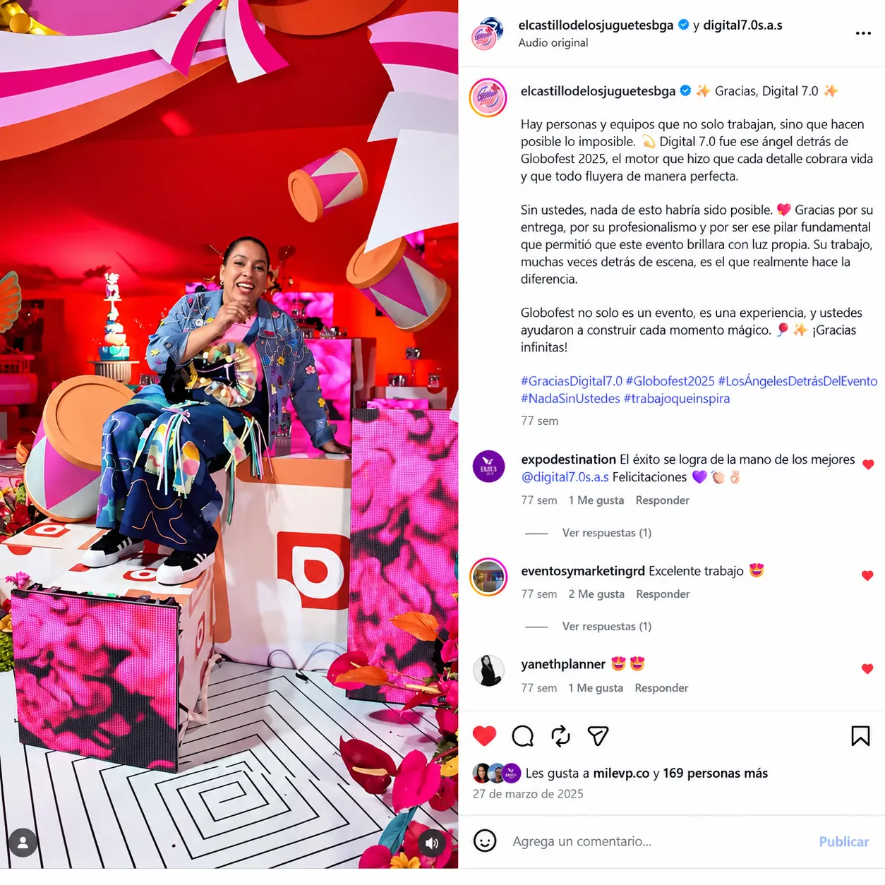 Publicación completa de Instagram de El Castillo de los Juguetes agradeciendo a Digital 7.0 por su trabajo en Globofest 2025