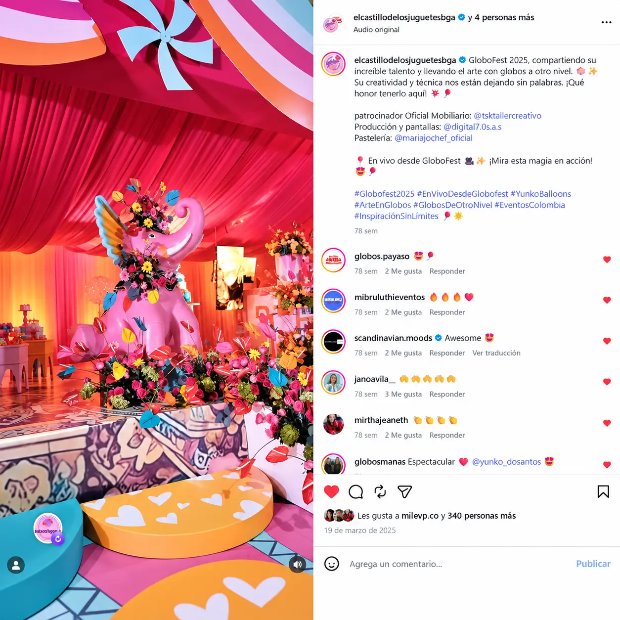 Publicación y comentarios de Instagram sobre Globofest 2025, con reconocimiento a Digital 7.0 por la producción y las pantallas
